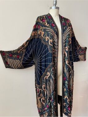 VINTAGE 80s Judith Ann Creations Gatsby Sequin Beaded Floral Silk Opera Duster